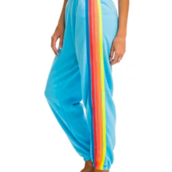 Aviator Nation Pants - AVIATOR NATION - 5 STRIPE SWEATPANTS  (joggers) SKY // NEON RAINBOW